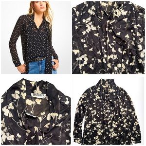 VINTAGE Super Cute & Feminine Sheer Black Chiffon Button Down w/Tie Neck Blouse